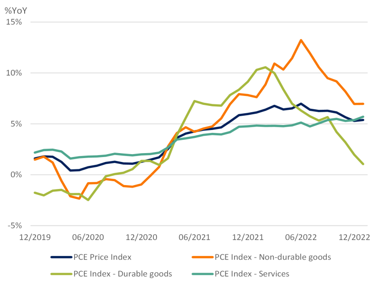 US Personal Consumption Expenditure Price Index %YoY: goods disinflation versus services inflation